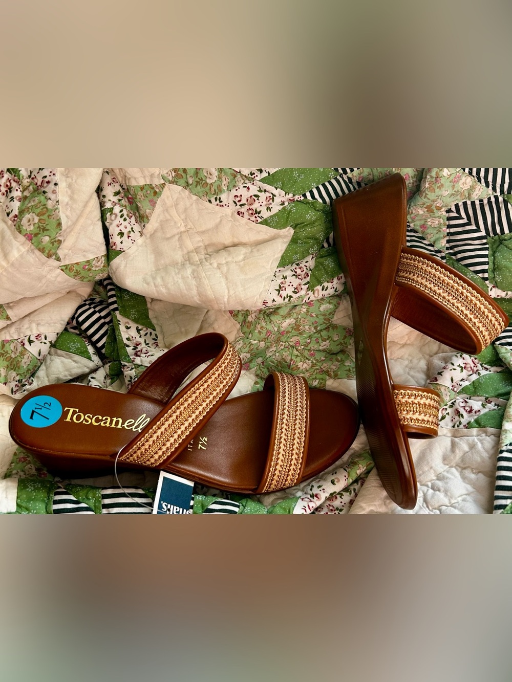 NWT Toscanella Sandals Wmns Sz. 7.5 Mimma Slip On Two Strap Wedge Brown/Gold